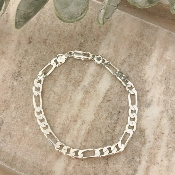 925 Sterling Silver Figaro Chain Bracelet Flat Link Bracelet Dainty Bracelet - Picture 2 of 3